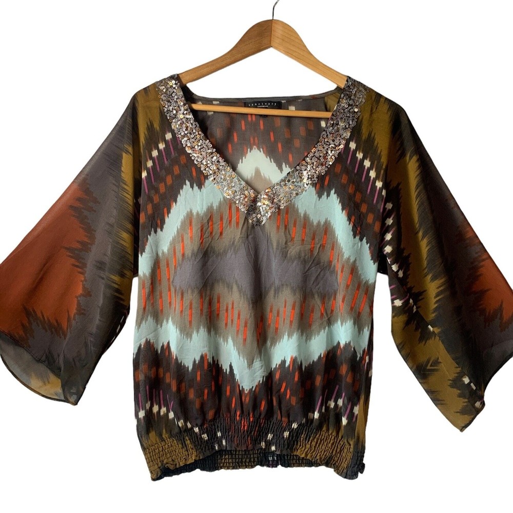 Sanctuary Sheer Ikat Print Sequined V-neck Boho Blouse Shirt Top SMALL Peasant
